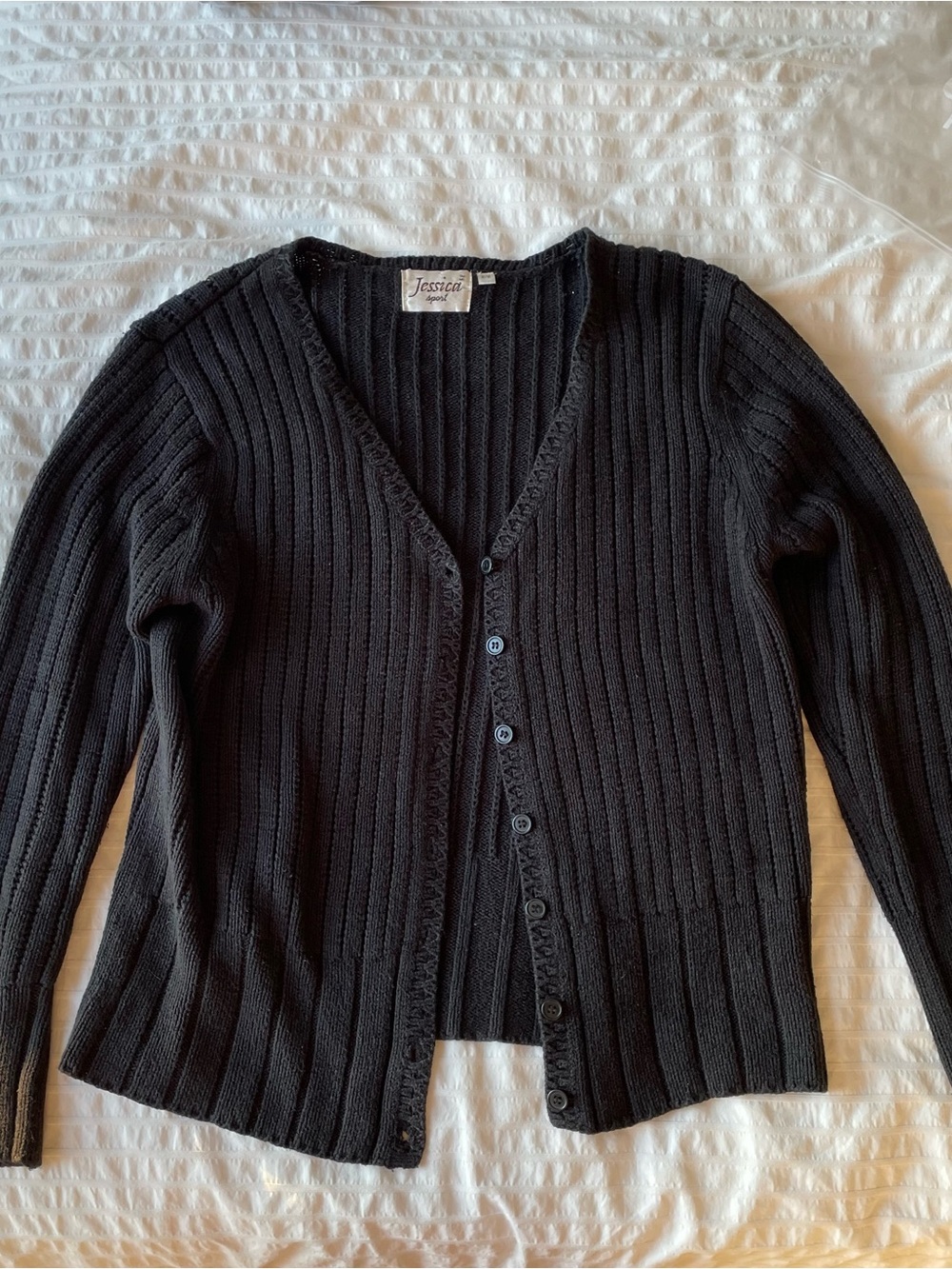 Vintage Jessica Black Ribbed V-Neck Button Cardigan Sweater Cotton